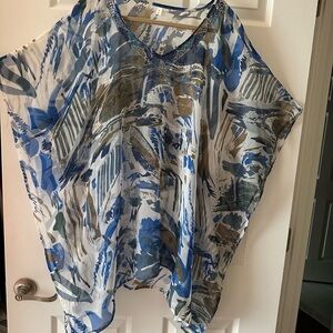 Blue Boxy Tunic with Dolman Sleeves and beaded neckline